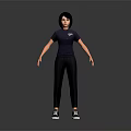 Short Haired Character In Dark Blue T-Shirt Black Pants Black White Sneakers Against Grey Background