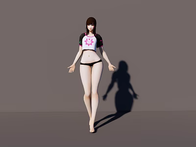 Woman in black white top with pink flower wearing black shorts barefoot on gray background 3d model
