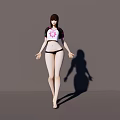 Woman in black white top with pink flower wearing black shorts barefoot on gray background