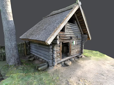 Traditional Wooden Cabin with Thatch Roof Log Structure Near Trees And Fence In Natural Setting 3d model