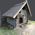 Traditional Wooden Cabin with Thatch Roof Log Structure Near Trees And Fence In Natural Setting 3d model