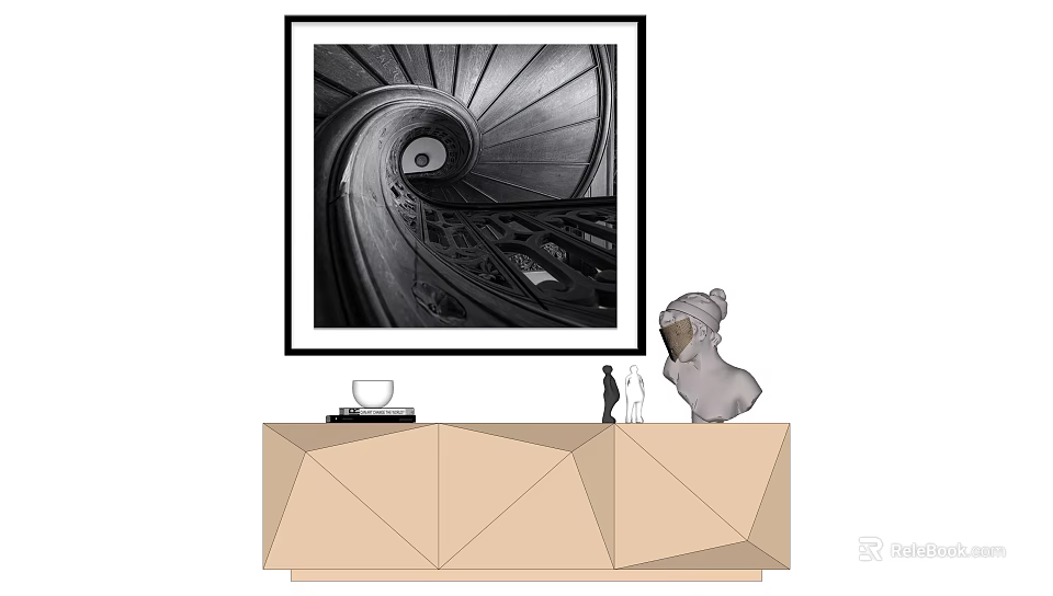 Modern Geometric Cabinet With Decorative Items And Spiral Staircase Painting 3d model 