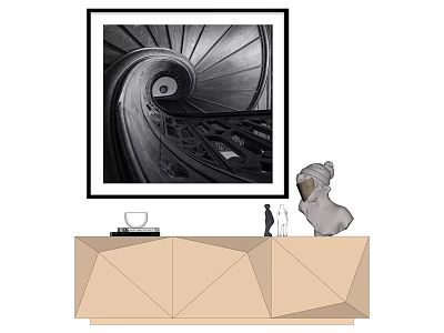 Modern Geometric Cabinet With Decorative Items And Spiral Staircase Painting 3d model