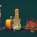 Music Instruments and Art Supplies with Microphone Guitar Case Yellow Canvas Roll and Paintbrushes