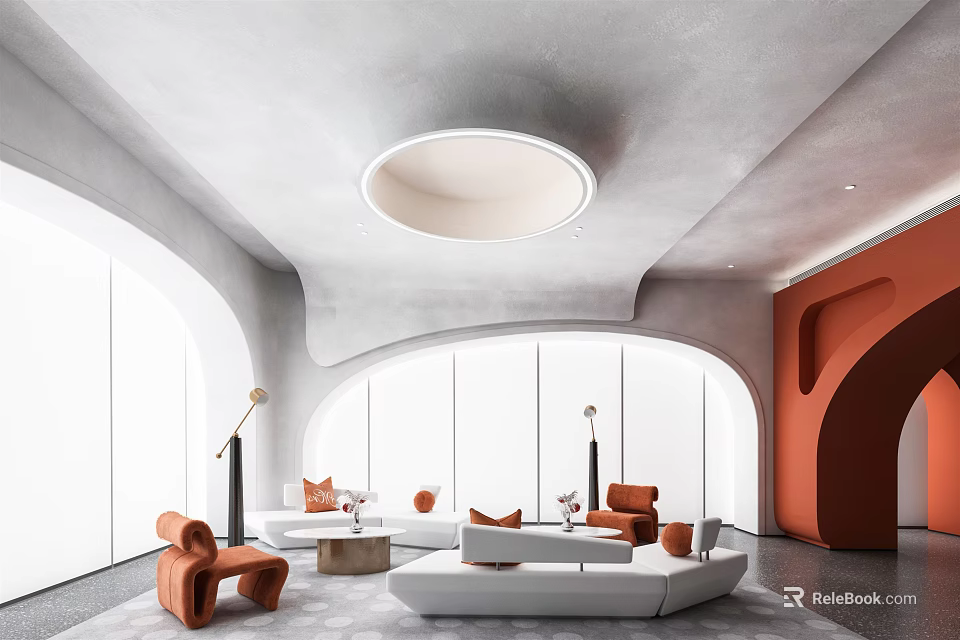 Modern Lounge Area With Circular Ceiling Light Arched Windows Orange Chairs And White Sofa 3d model