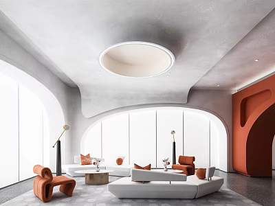 Modern Lounge Area With Circular Ceiling Light Arched Windows Orange Chairs And White Sofa 3d model