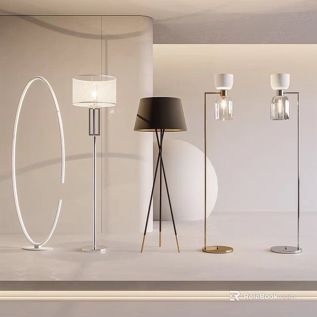 Stylish Modern Floor Lamps with Arched Tripod and Cylindrical Base Designs for Interior Spaces 3d model 