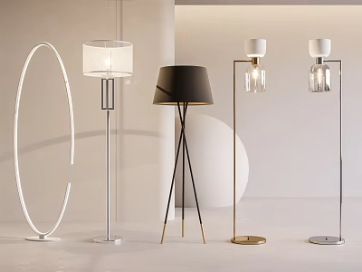 Stylish Modern Floor Lamps with Arched Tripod and Cylindrical Base Designs for Interior Spaces 3d model