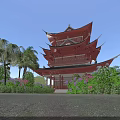Ancient Chinese Pavilion With Multiple Curved Eaves Surrounded by Palm Trees Greenery and Flower Bushes