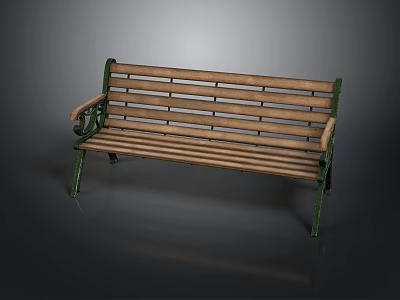 Classic Wooden Bench With Green Metal Armrests And Slatted Seat Design 3d model