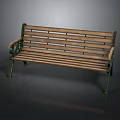 Classic Wooden Bench With Green Metal Armrests And Slatted Seat Design
