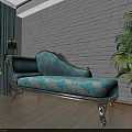 Light Blue Floral Sofa With Silver Frame White Brick Wall Green Plants And Wooden Floor