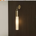 Modern Brass Wall Light With Cylindrical White Shade On Dark Wooden Wall Warm Glow