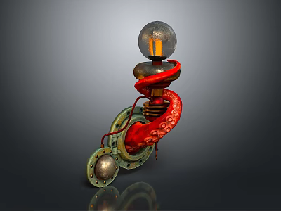 Steampunk Inspired Mechanical Creature With Red Tentacles Transparent Sphere And Gears 3d model