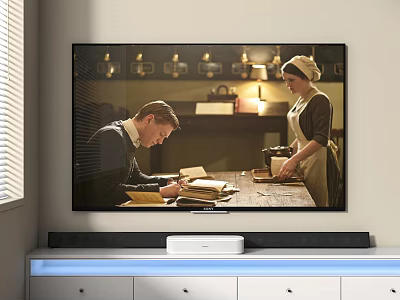 Flat Screen Television Displaying Vintage Drama Scene With Soundbar And Blue Lighting Cabinet 3d model