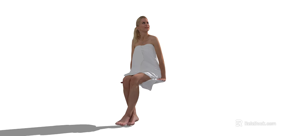 Woman Wrapped In White Towel Sitting On Stool Barefoot With Minimalist Background 3d model 