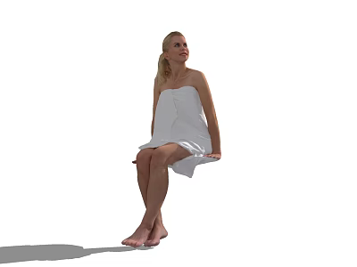 Woman Wrapped In White Towel Sitting On Stool Barefoot With Minimalist Background 3d model