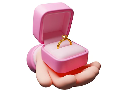 Shiny Gold Ring Placed in Open Pink Jewelry Box Held in Hand 3d model