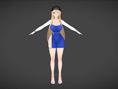 Woman In Blue Dress With Black Cap Long Blonde Hair And Arms Outstretched In Sandals 3d model