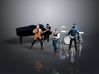 Group of Musicians Playing Piano Guitar Drums in Live Band Performance 3d model