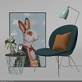 Cozy Green Accent Chair With Orange Cushion Small Side Table Rabbit Artwork And Floor Lamp