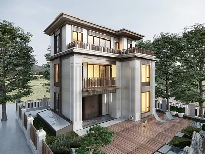 Modern Two Story Detached Villa Exterior With Wooden Deck Courtyard Trees And Lit Windows 3d model