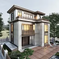 Modern Two Story Detached Villa Exterior With Wooden Deck Courtyard Trees And Lit Windows