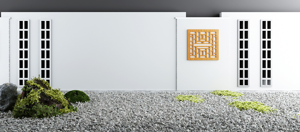 White Landscape Wall With Wooden Lattice Decoration And Gravel Ground Green Plants 3d model 