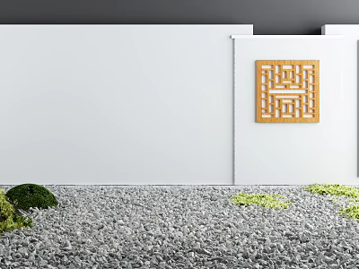 White Landscape Wall With Wooden Lattice Decoration And Gravel Ground Green Plants 3d model
