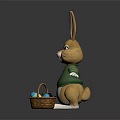 Cute Cartoon Rabbit In Green Sweater Holding Blue Egg With Basket Of Blue Eggs
