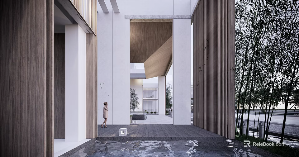 Modern Sales Office Building With Wooden Structure White Facade And Water Feature Entrance 3d model 