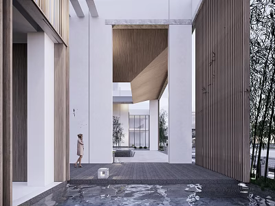 Modern Sales Office Building With Wooden Structure White Facade And Water Feature Entrance 3d model