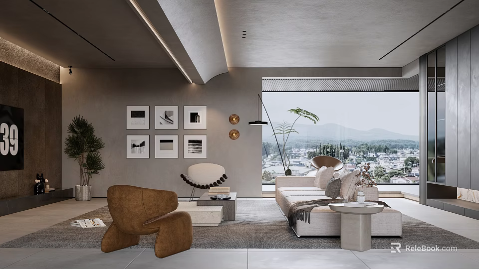 Modern Living Room Interior Design With Sofa Armchair Wall Art Plants And Large Window View 3d model 