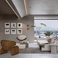 Modern Living Room Interior Design With Sofa Armchair Wall Art Plants And Large Window View