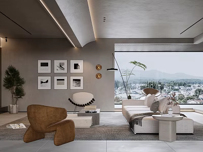 Modern Living Room Interior Design With Sofa Armchair Wall Art Plants And Large Window View 3d model