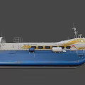 Blue and White Hovercraft with Yellow Hull Railings Orange Lifebuoy and Propellers