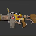 Unique Weapon Design With Yellow Circular Part Red Components And Wooden Grip