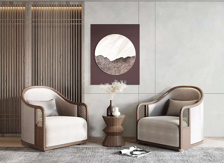 Leisure Sofa Set with Beige Upholstery Wooden Frames Side Table and Gray Wall Round Painting 3d model 