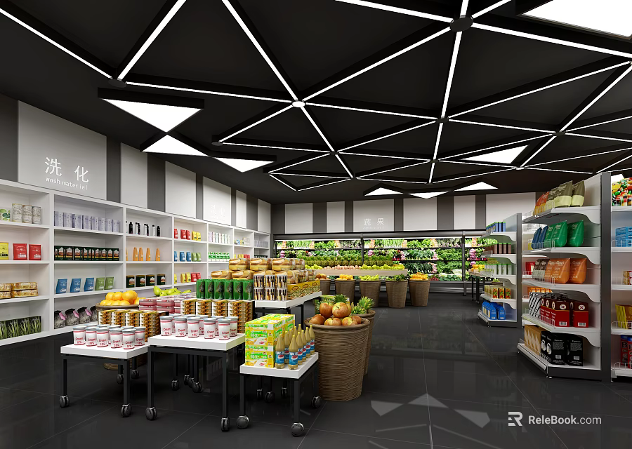 Modern Supermarket Interior With Bright Lighting And Shelves Full Of Groceries Fruits Vegetables 3d model 