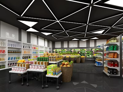 Modern Supermarket Interior With Bright Lighting And Shelves Full Of Groceries Fruits Vegetables 3d model