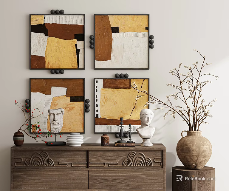 Abstract Paintings With Brown Yellow Beige White Tones Textured Design Wooden Cabinet Sculpture Decor 3d model 