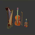 Classical Wooden String Musical Instruments Equipment Display With Harp Cello And Violin 3d model