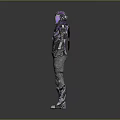 Futuristic Character in Purple Silver Armor with Helmet and Decorative 3D Model Standing Pose