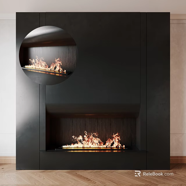 Modern Black Fireplace Design With Burning Flames And Round Mirror Reflection 3d model 