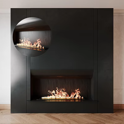Modern Black Fireplace Design With Burning Flames And Round Mirror Reflection 3d model