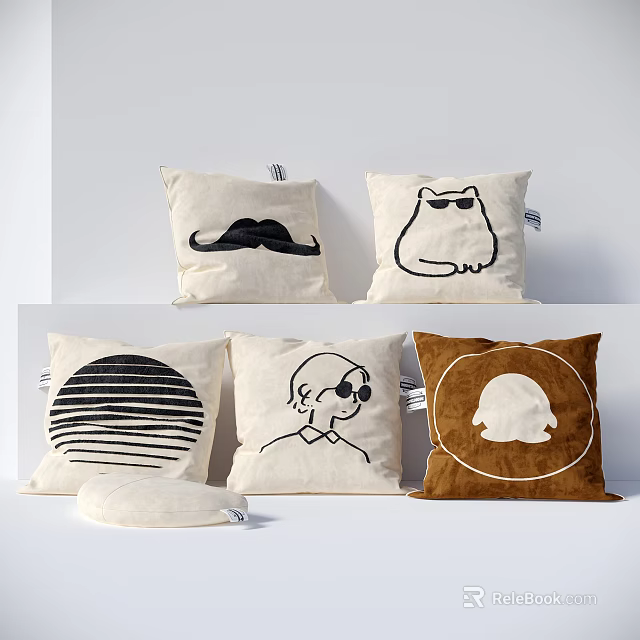 Stylish Decorative Throw Pillows With Mustache Cat Sunglasses Striped And Silhouette Patterns 3d model 