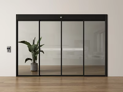 Black Frame Sliding Glass Door Interior With Green Plant And Wooden Floor 3d model