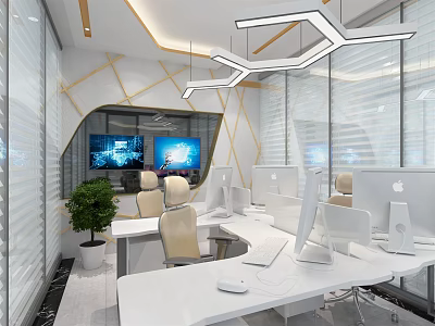 Modern Public Office Space Interior With Office Desks Ergonomic Chairs Apple Computers And Potted Plant 3d model