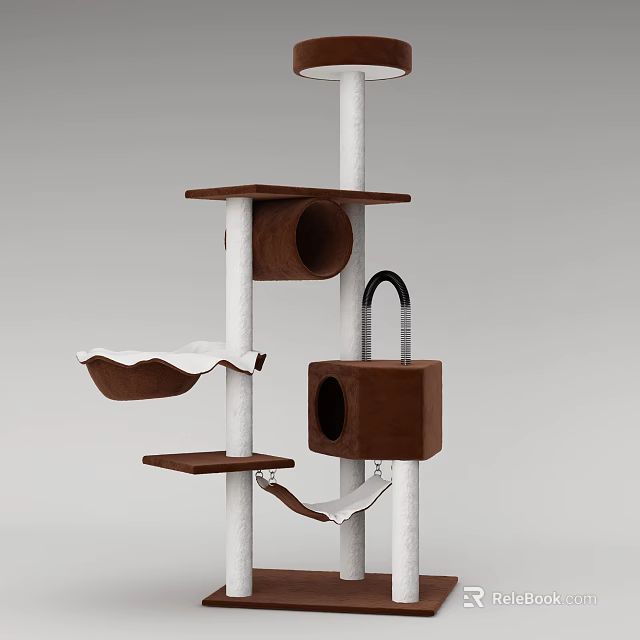 Modern Cat Tree Structure With Wooden Platforms Hanging Bed And White Poles 3d model 