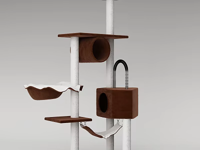 Modern Cat Tree Structure With Wooden Platforms Hanging Bed And White Poles 3d model